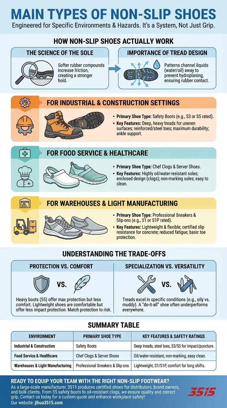 ¿Cuáles son los principales tipos de calzado antideslizante? Encuentra el agarre adecuado para tu lugar de trabajo Guía Visual