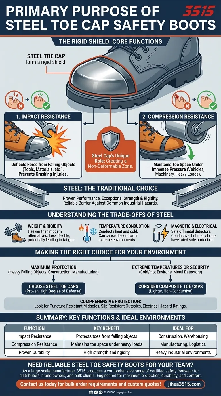 Qual è lo scopo principale degli scarponi di sicurezza con puntale in acciaio? Protezione definitiva per le dita in lavori pericolosi Guida Visiva