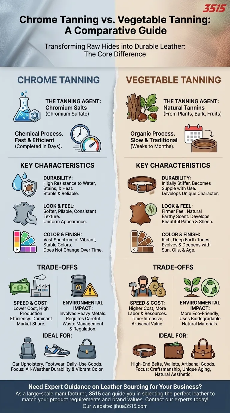 Quelles sont les différences entre le tannage au chrome et le tannage végétal ? Choisissez le bon cuir pour votre produit Guide Visuel