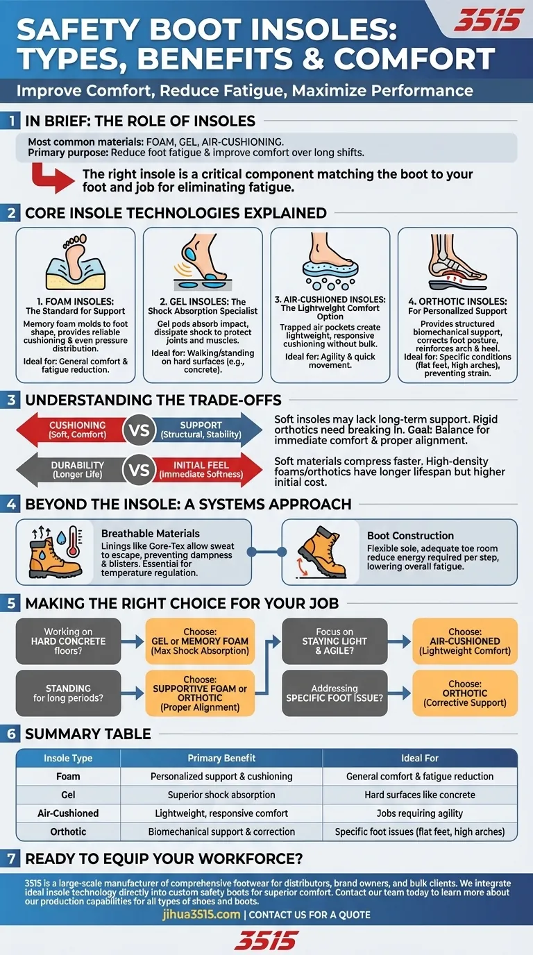 Quels types de semelles intérieures sont utilisés dans les bottes de sécurité et comment améliorent-elles le confort ? Choisissez le bon soutien pour votre travail Guide Visuel