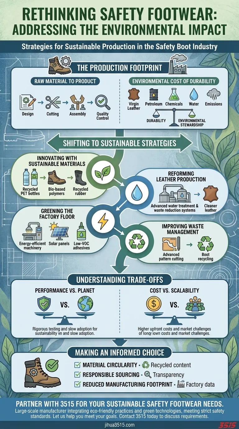 كيف يتم معالجة التأثير البيئي لإنتاج أحذية السلامة؟ استراتيجيات للأحذية المستدامة دليل مرئي