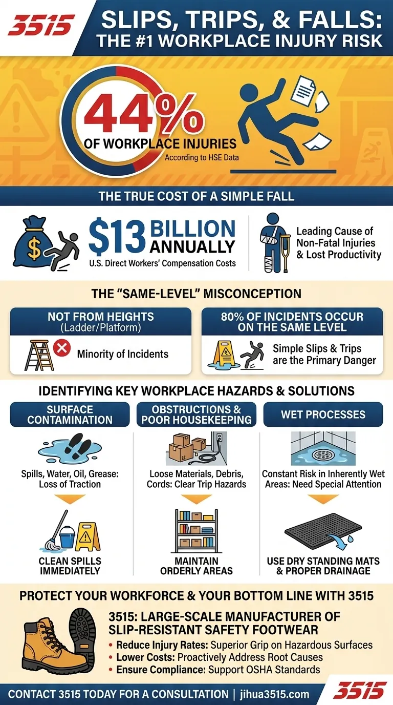 ¿Qué porcentaje de las lesiones laborales son causadas por resbalones, tropiezos y caídas? La causa número 1 con el 44% Guía Visual