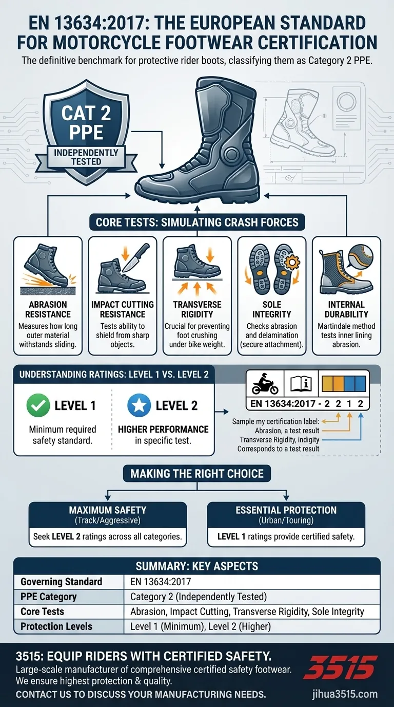 Quelle norme régit la certification des chaussures de moto en Europe ? Explication de la norme EN 13634:2017 Guide Visuel