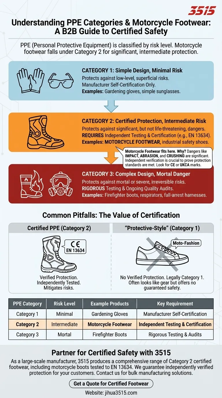 Quelles sont les catégories d'EPI et où se situent les chaussures de moto ? Comprendre le niveau de protection de votre équipement Guide Visuel