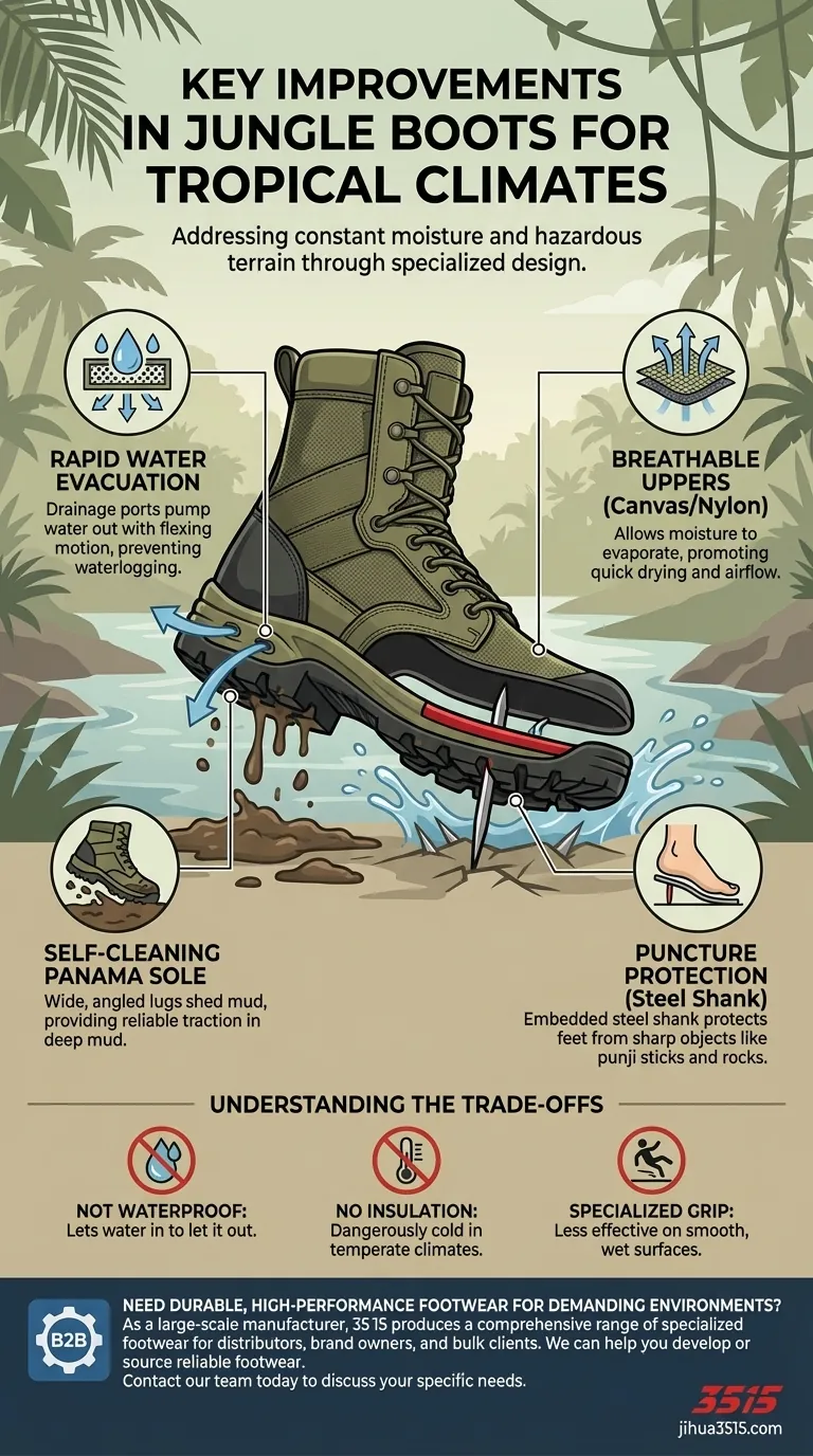 Quelles sont les améliorations clés des bottes de jungle pour les climats tropicaux ? Drainage, traction et protection des pieds Guide Visuel