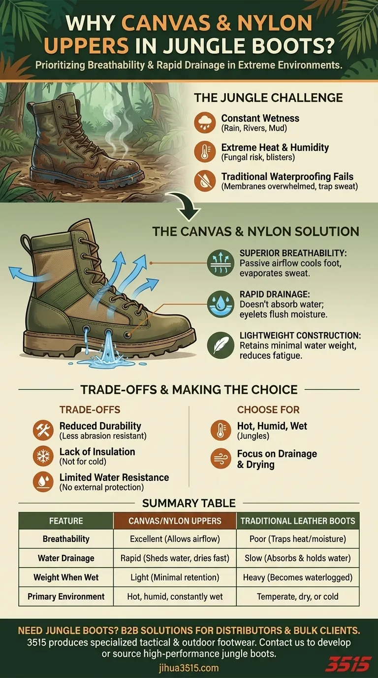 Pourquoi les dessus en toile ou en nylon sont-ils utilisés dans les bottes de jungle ? Pour une respirabilité et un drainage supérieurs Guide Visuel