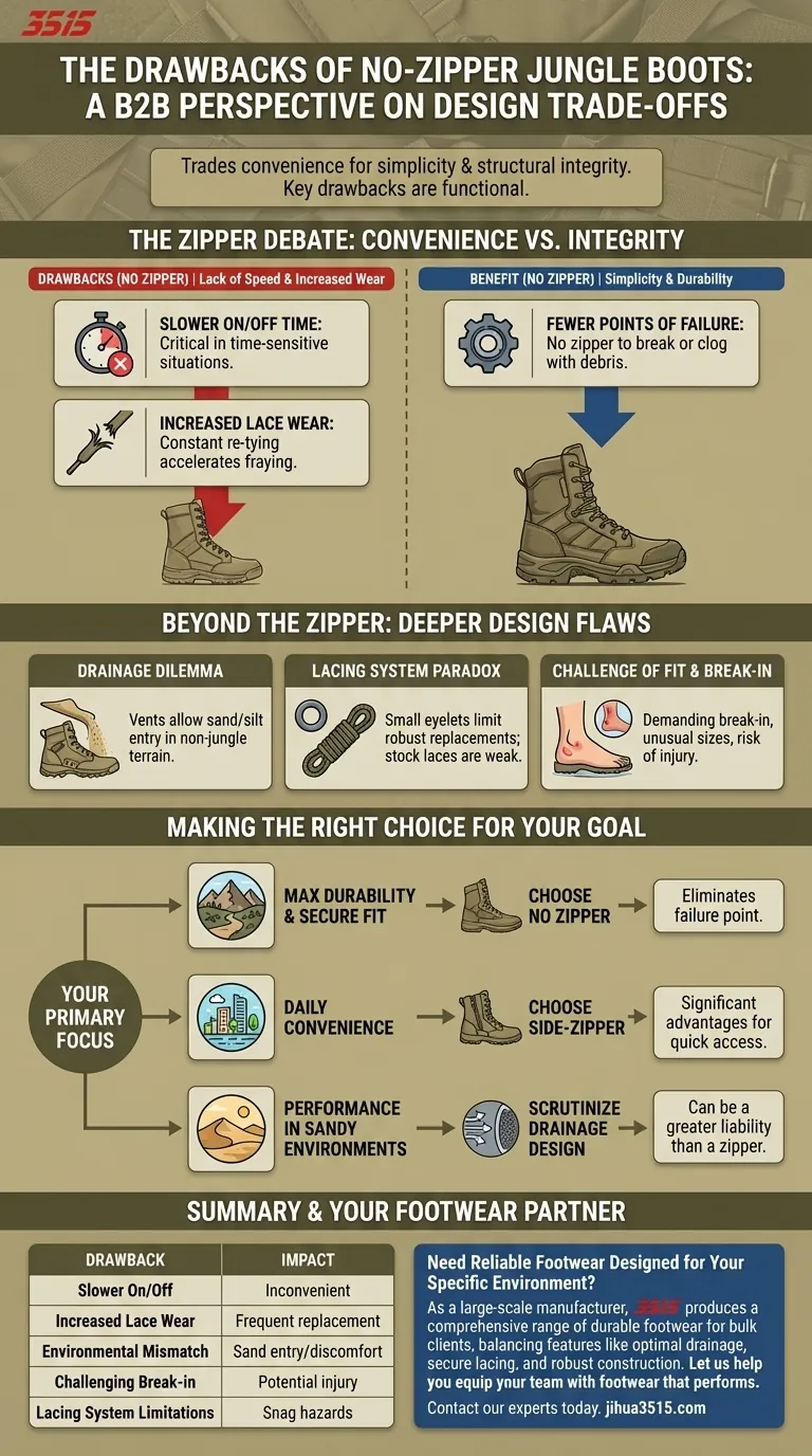 Quels sont les inconvénients des bottes de jungle sans fermeture éclair latérale ? Un guide des compromis dans la conception des bottes Guide Visuel