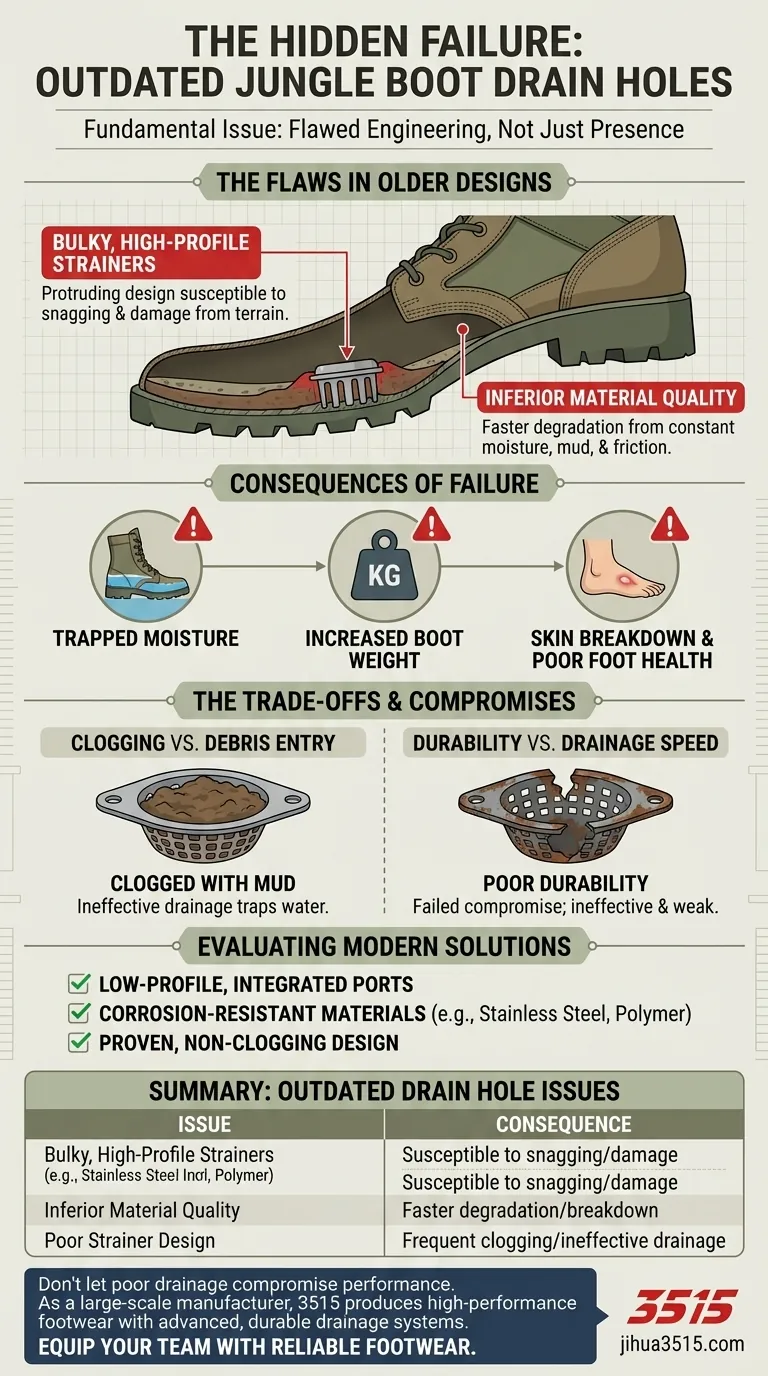 Quels problèmes étaient associés aux trous de drainage obsolètes des bottes de jungle ? Conception défectueuse, obstruction et risques pour la santé des pieds Guide Visuel