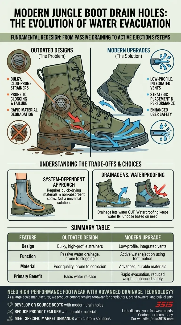 How have drain holes been upgraded in modern jungle boots? From Bulky Strainers to Active Water Evacuation Visual Guide