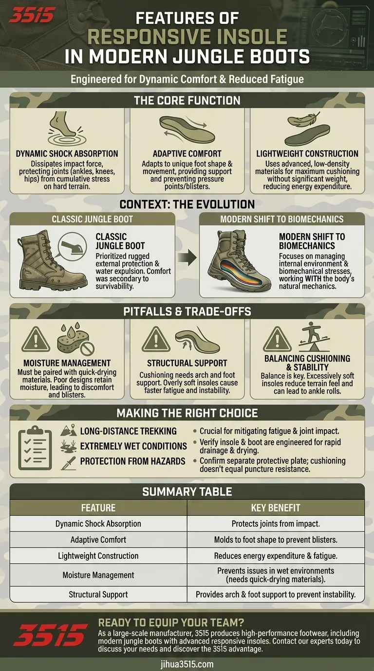 Quelles caractéristiques la semelle intérieure réactive des bottes de jungle modernes offre-t-elle ? Confort dynamique pour les longues randonnées Guide Visuel