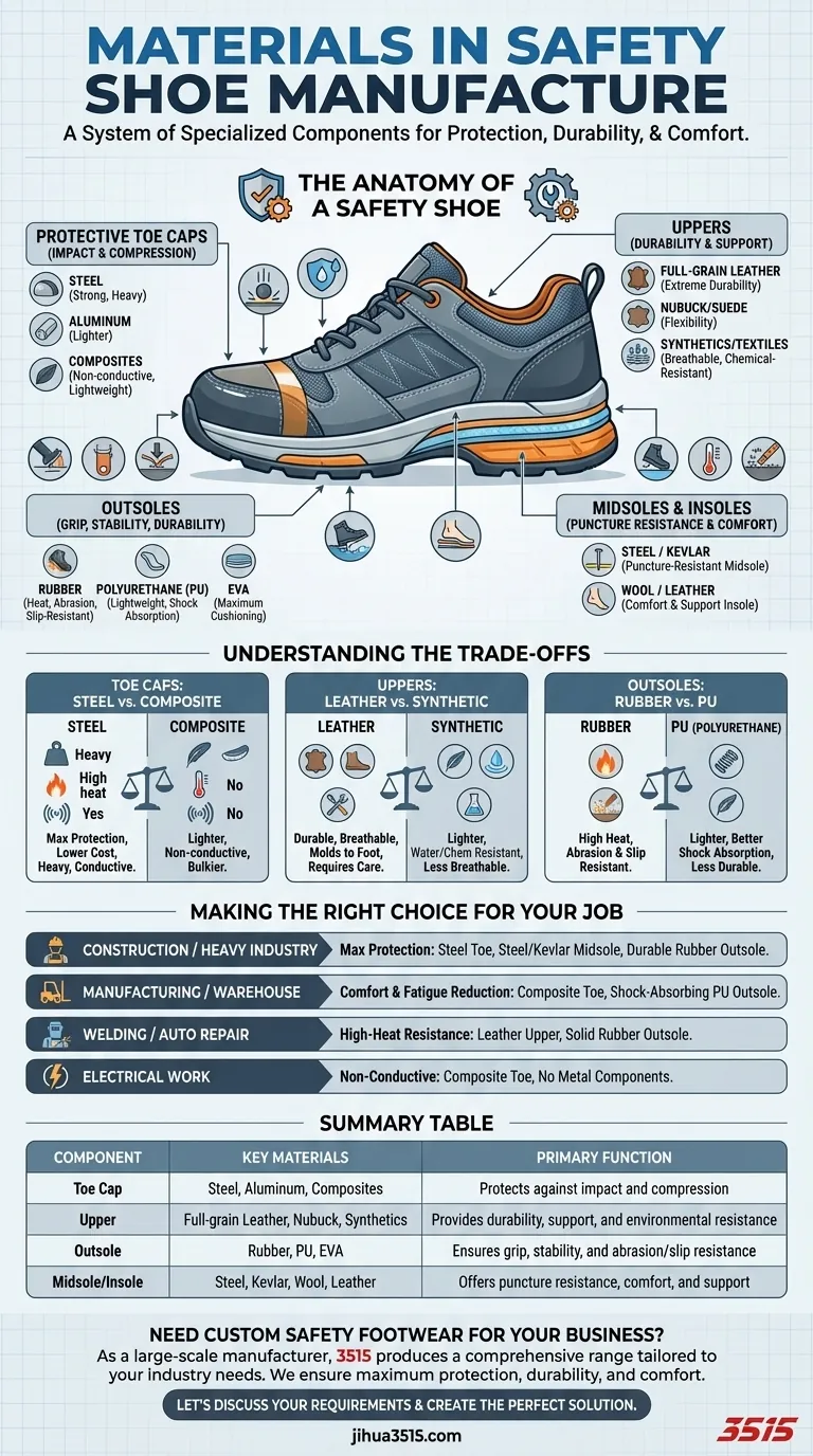 ¿Qué materiales se utilizan comúnmente en la fabricación de calzado de seguridad? Una guía sobre componentes de cuero, acero y compuestos. Guía Visual