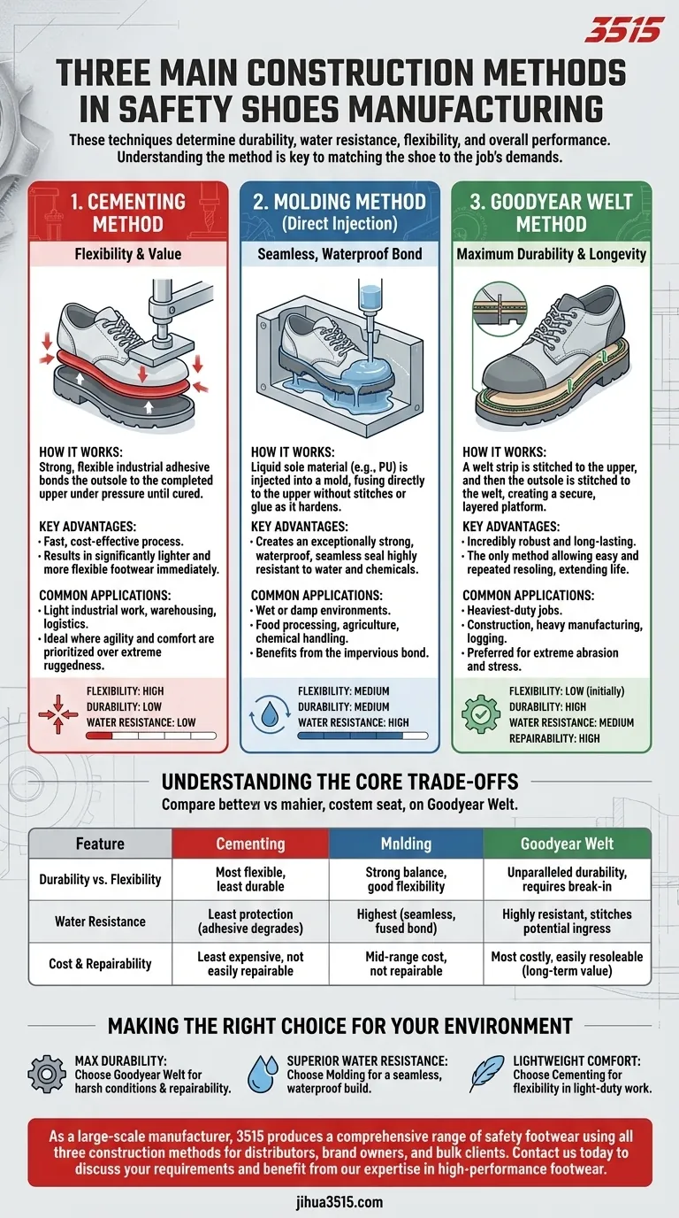 Quelles sont les trois principales méthodes de construction utilisées dans la fabrication de chaussures de sécurité ? Un guide sur la durabilité, l'étanchéité et le confort Guide Visuel
