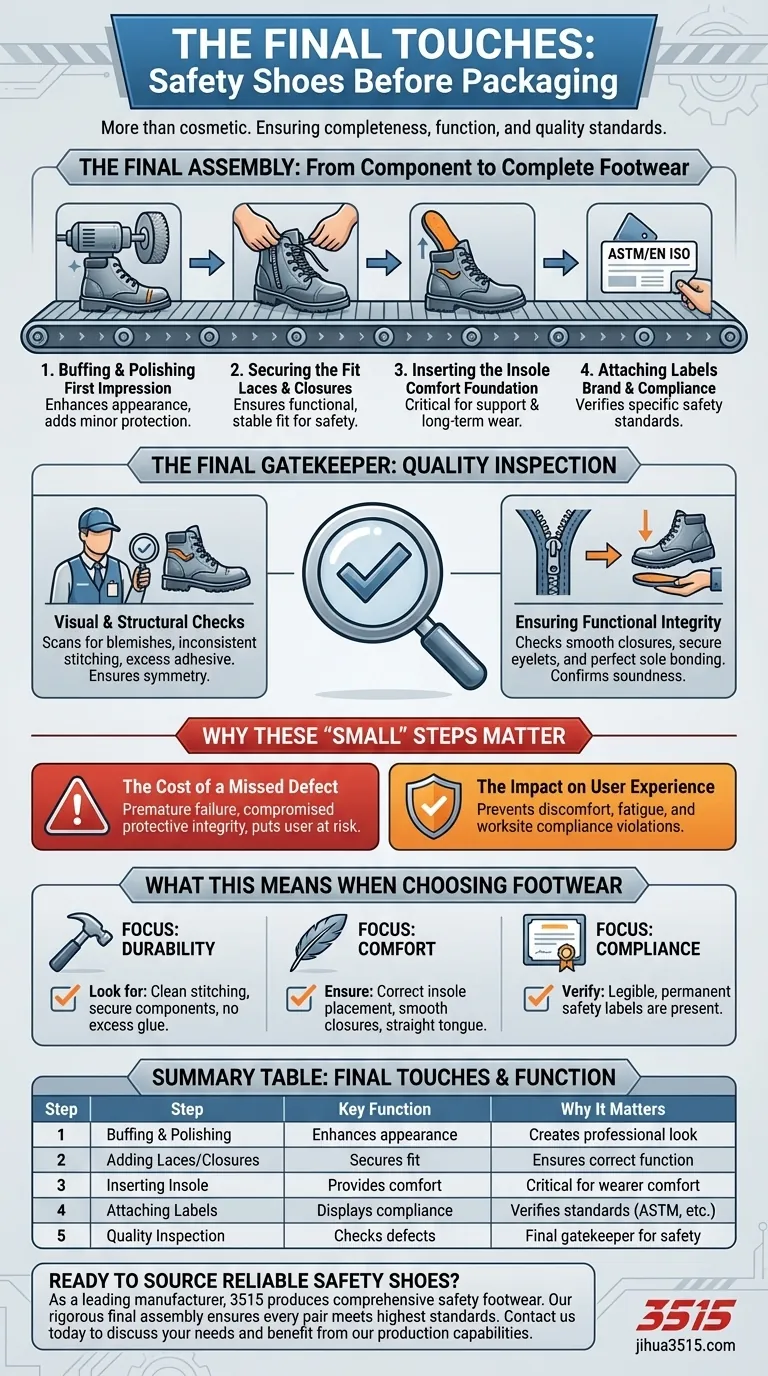 Quali ritocchi finali vengono apportati alle scarpe antinfortunistiche prima dell'imballaggio? Garantire qualità e conformità Guida Visiva