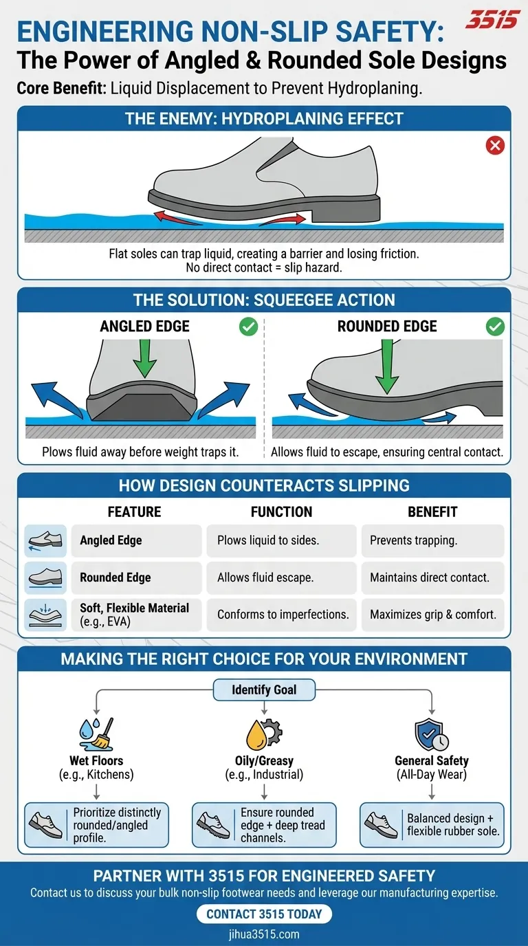 Каково преимущество обуви с нескользящей подошвой с угловым или закругленным дизайном? Предотвращает аквапланирование для превосходного сцепления Визуальное руководство