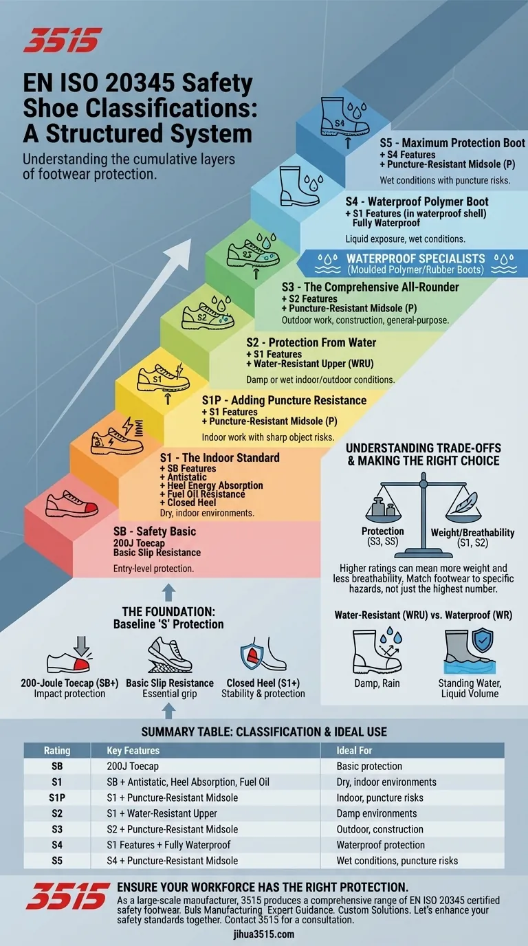 How are safety shoes classified under the EN ISO 20345 standard? A Guide to SB, S1, S1P, S2, S3, S4, and S5 Ratings Visual Guide