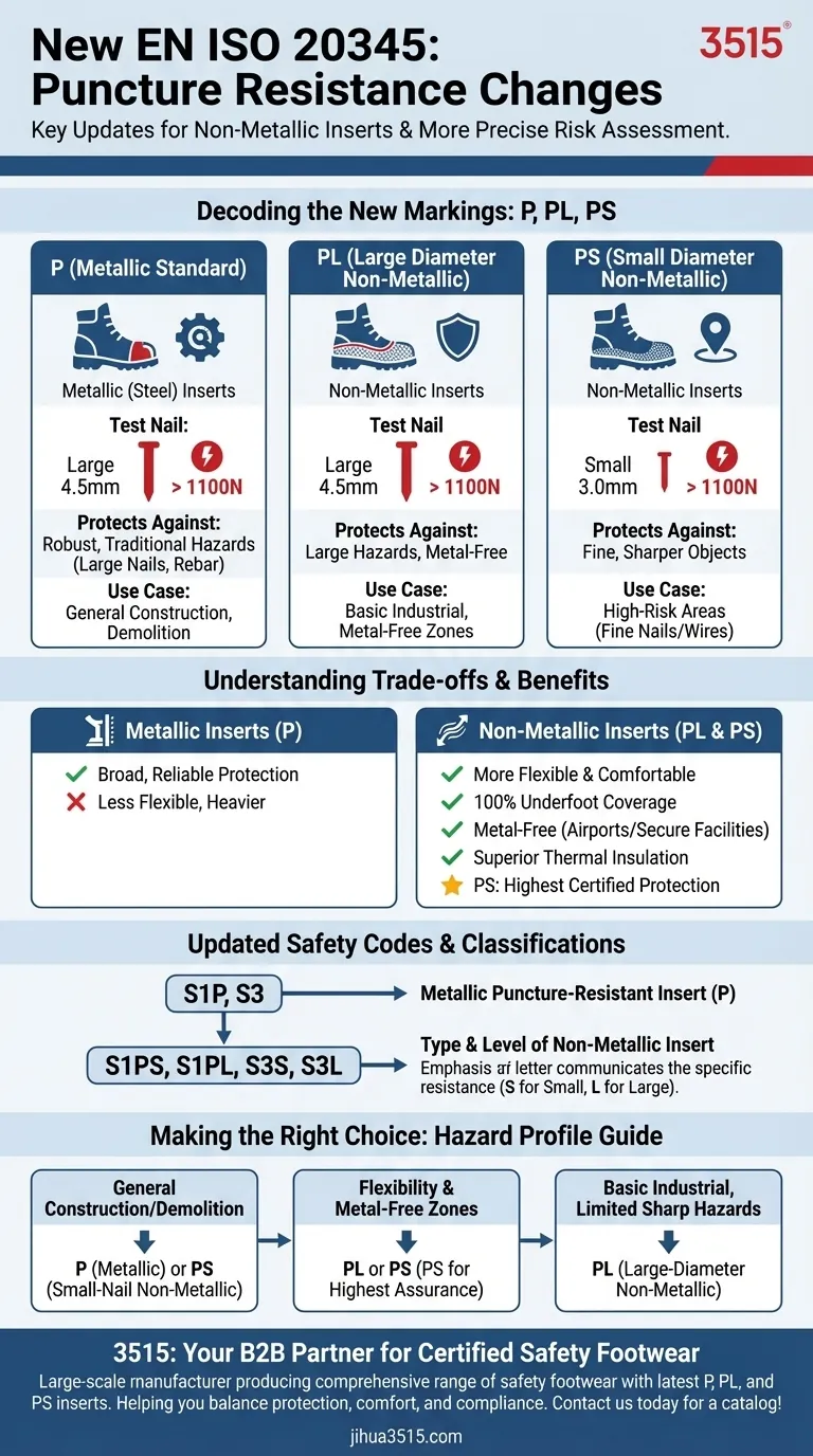 ¿Cuáles son los cambios en la resistencia a la perforación en la nueva norma EN ISO 20345? Comprenda las marcas P, PL y PS Guía Visual