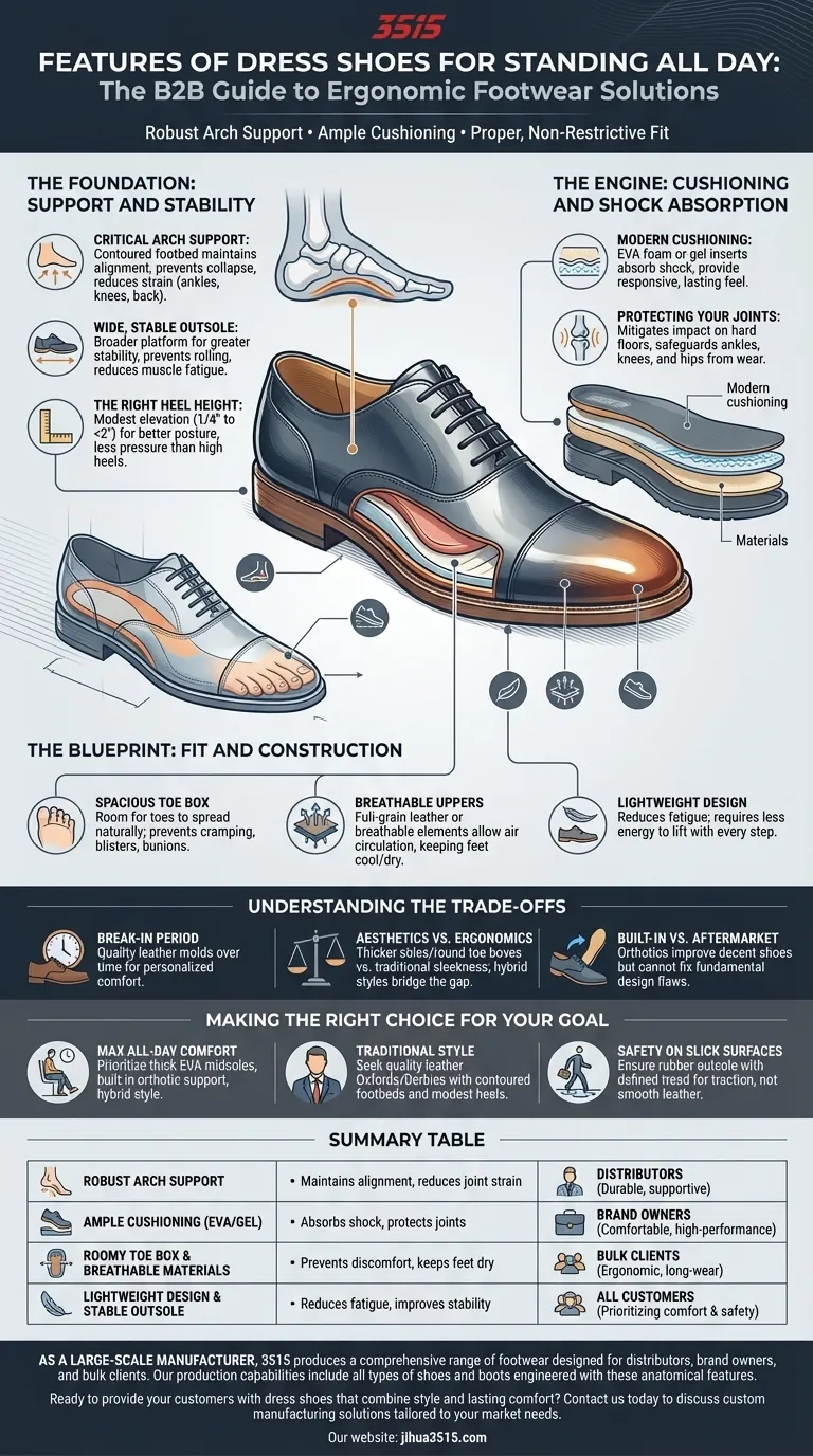 Quais características tornam os sapatos sociais adequados para ficar em pé o dia todo? Alcance o Conforto o Dia Todo com Design Anatômico Guia Visual