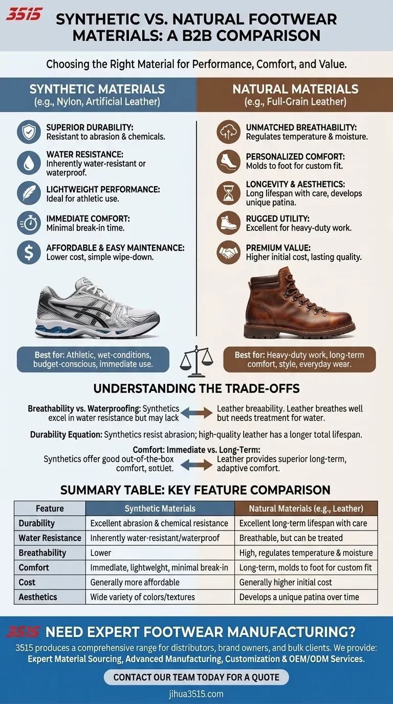 Comment les matériaux synthétiques se comparent-ils aux matériaux naturels dans la chaussure ? Un guide sur la durabilité, le confort et le coût Guide Visuel