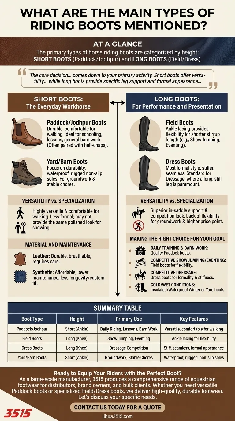 Quels sont les principaux types de bottes d'équitation mentionnés ? Un guide sur les bottes courtes et longues pour chaque cavalier Guide Visuel