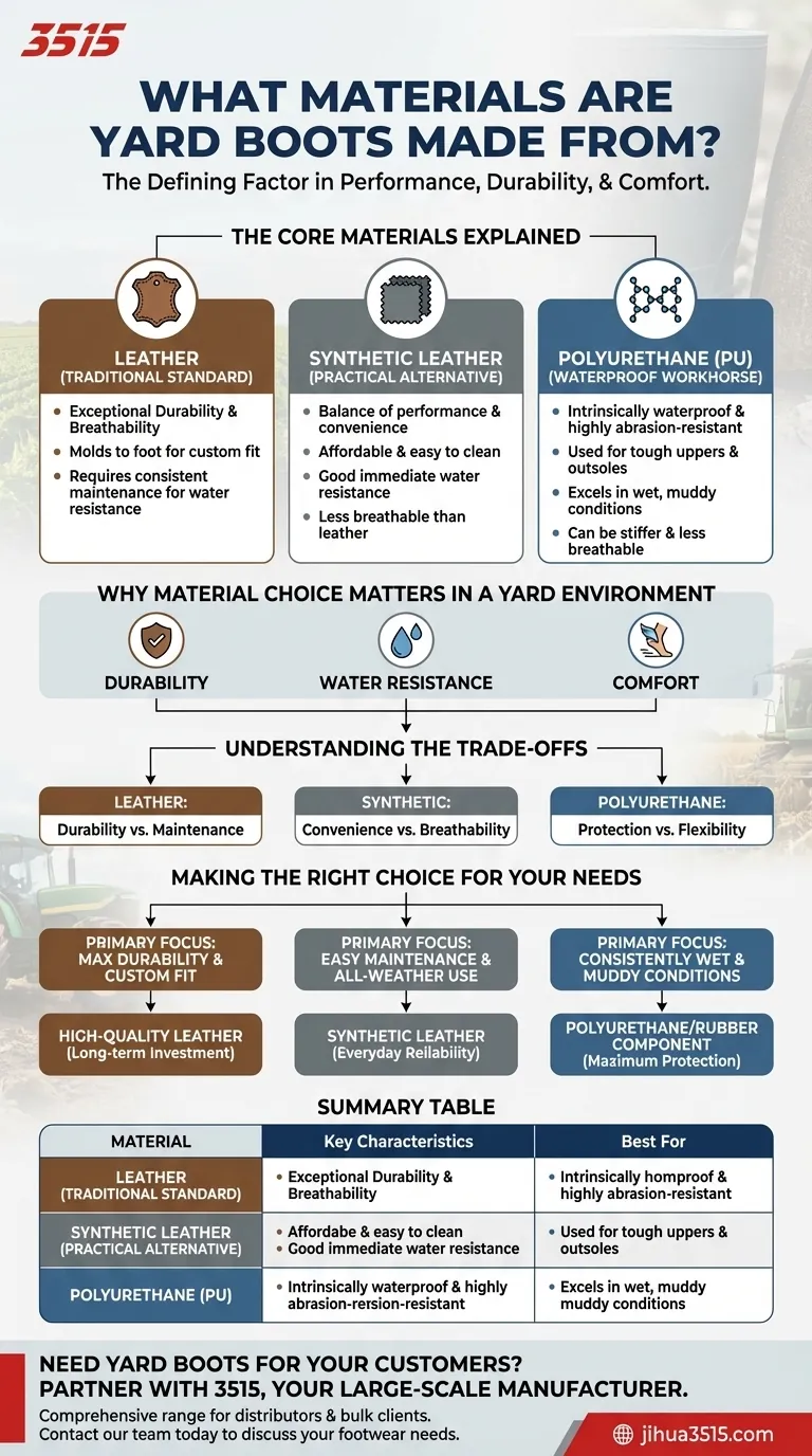 Quels matériaux composent les bottes de yard ? Un guide sur le cuir, le synthétique et le PU Guide Visuel