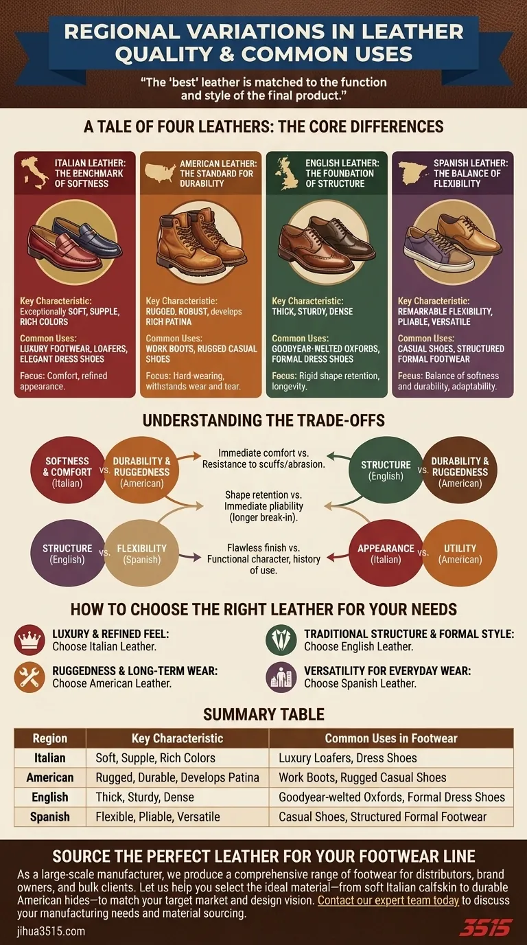 Quelles sont les variations régionales de la qualité du cuir et leurs utilisations courantes ? Un guide pour les fabricants de chaussures Guide Visuel