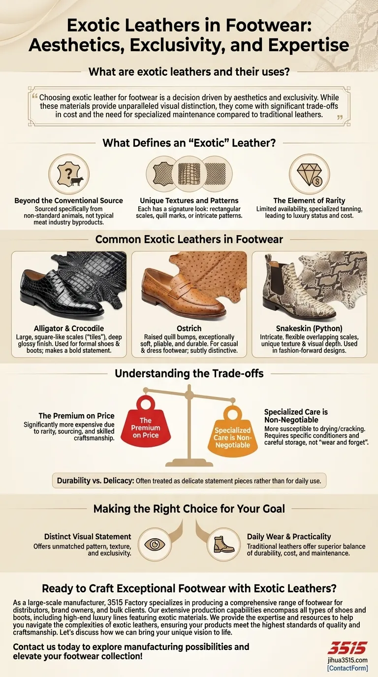 Quels sont les cuirs exotiques et leurs utilisations dans la chaussure ? Découvrez les secrets des matériaux de luxe Guide Visuel