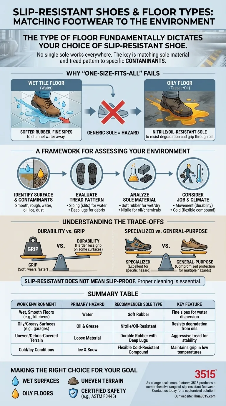 ¿Cómo afecta el tipo de suelo a la elección de calzado antideslizante? Adapta tu suela a tu superficie Guía Visual