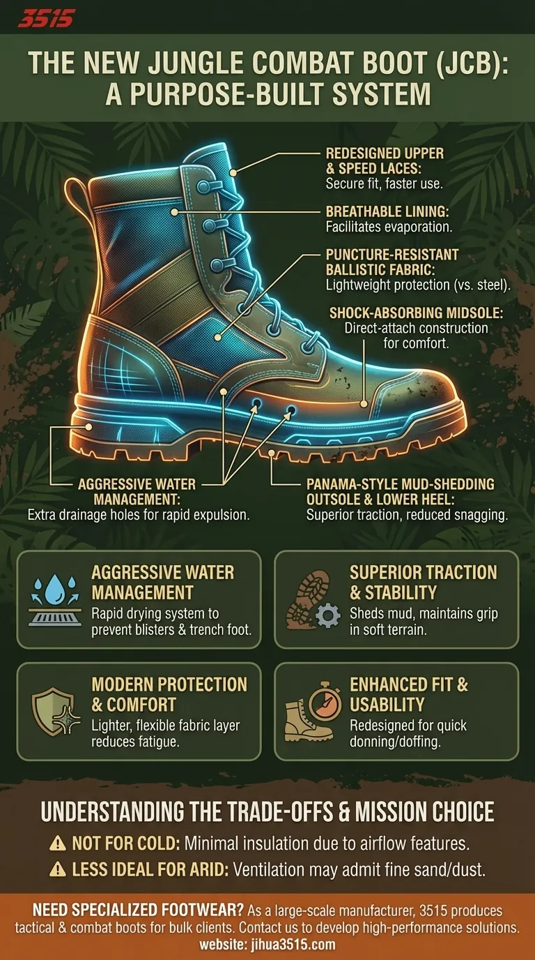 Quelles sont les principales caractéristiques de conception de la nouvelle botte de combat jungle ? Conçue pour les environnements chauds et humides Guide Visuel