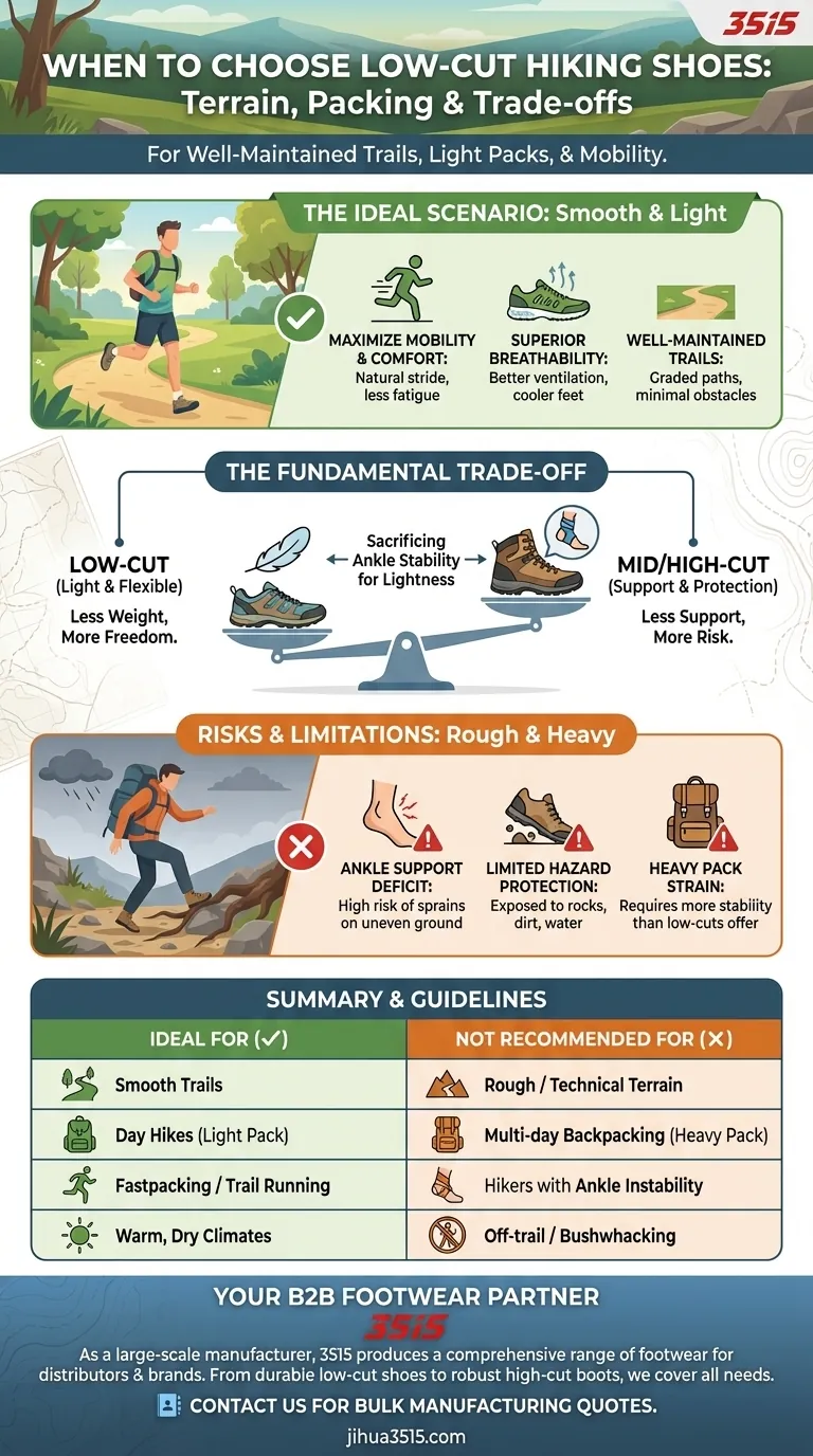 Quel type de terrain et de chargement convient aux chaussures de randonnée basses ? Parfait pour les randonnées d'une journée légères Guide Visuel