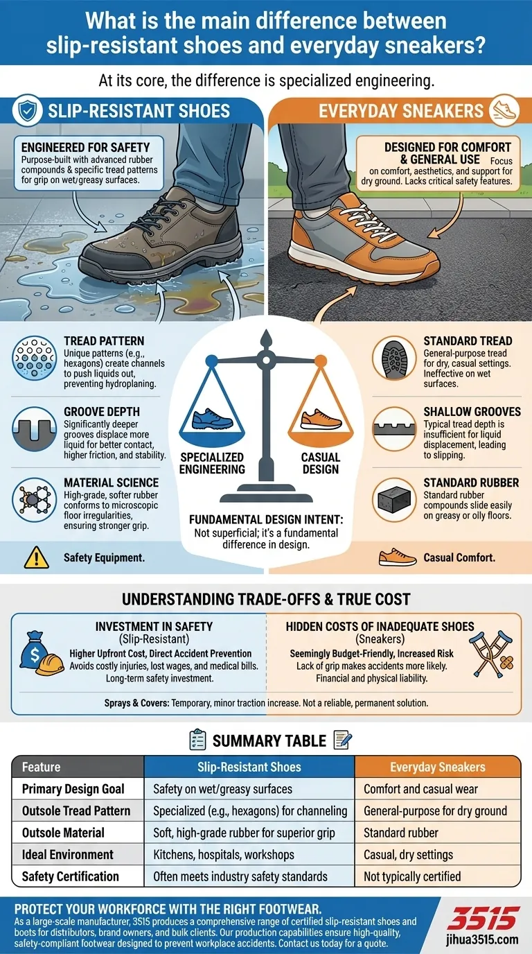 Qual è la differenza principale tra scarpe antiscivolo e sneaker di uso quotidiano? Progettate per la sicurezza contro il comfort casual Guida Visiva