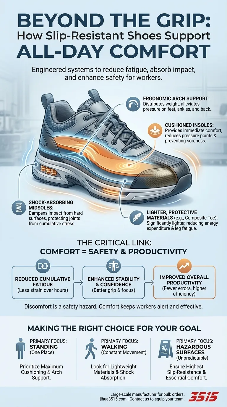كيف تدعم الأحذية المقاومة للانزلاق الراحة للعاملين الذين يقفون طوال اليوم؟ مصممة للدعم والسلامة طوال اليوم دليل مرئي