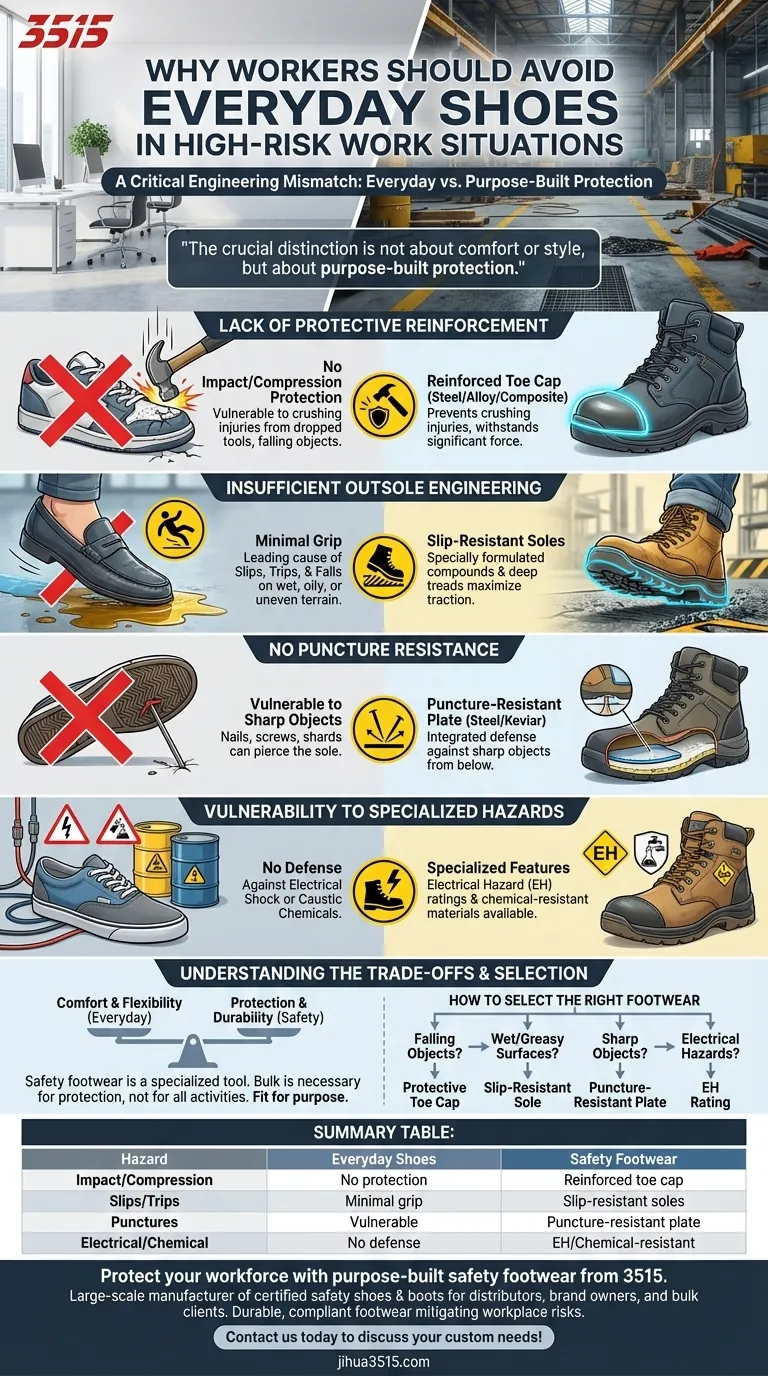 ¿Por qué los trabajadores deben evitar el calzado de uso diario en situaciones laborales de alto riesgo? Garantice una protección adecuada para los pies Guía Visual