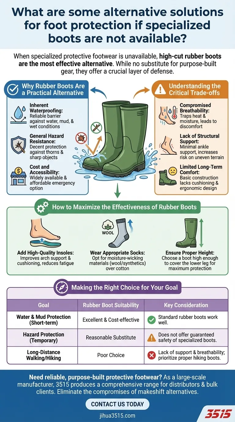 Какие существуют альтернативные решения для защиты ног, если специализированная обувь недоступна? Используйте прочные резиновые сапоги для основной защиты Визуальное руководство