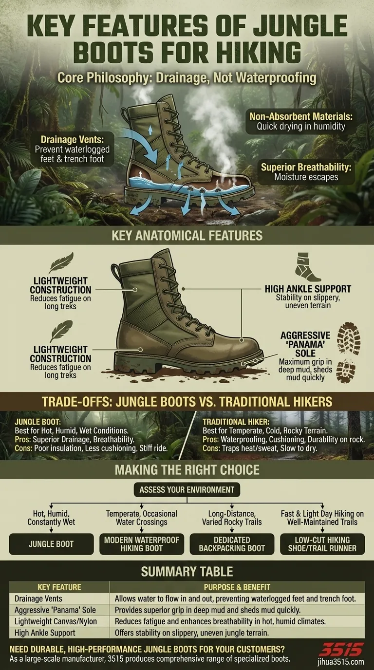 ¿Cuáles son las características clave de las botas de jungla para el senderismo? Domina senderos calurosos, húmedos y embarrados Guía Visual