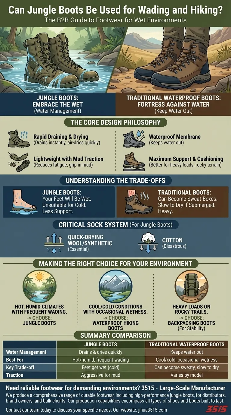 Les bottes de jungle peuvent-elles être utilisées pour la pataugeoire et la randonnée ? Maîtrisez la gestion de l'eau dans les climats chauds et humides Guide Visuel
