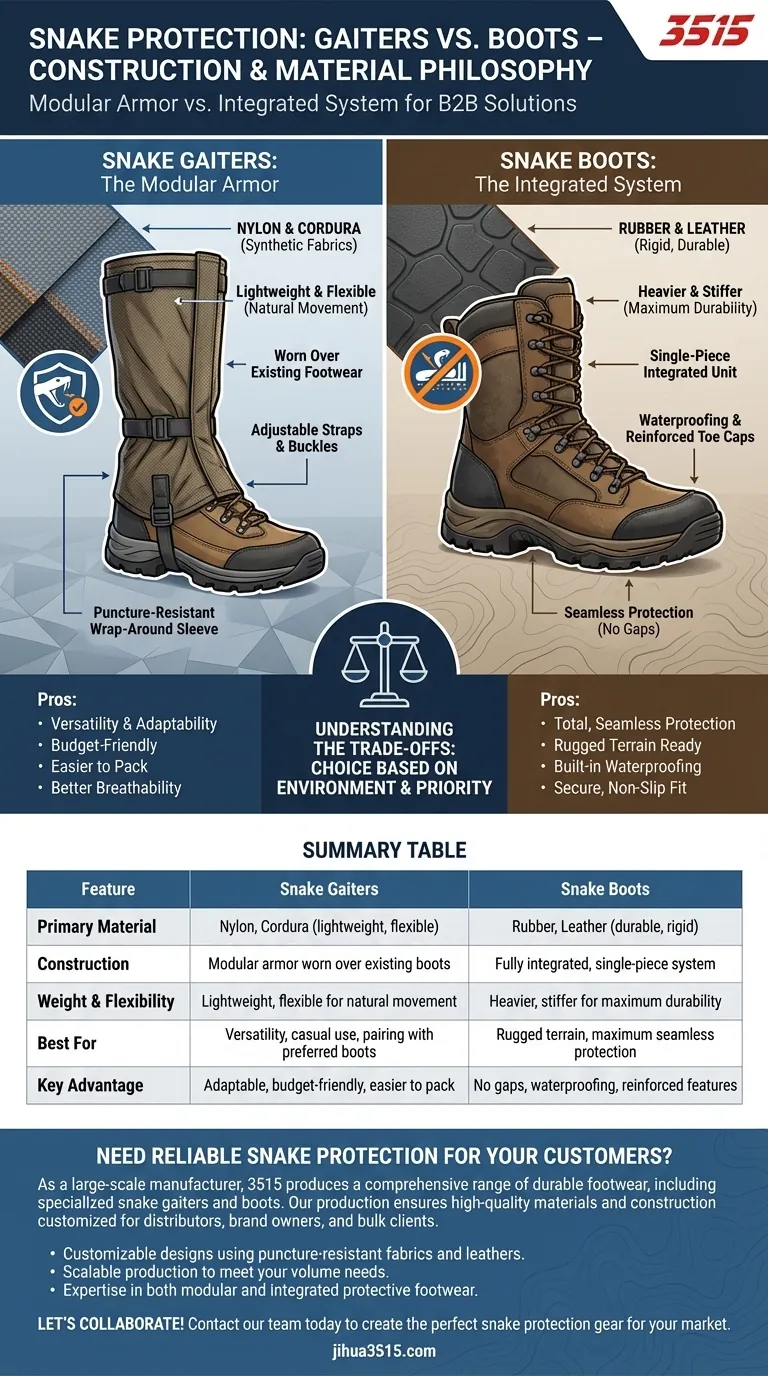 Comment les matériaux et la construction diffèrent-ils entre les guêtres anti-serpent et les bottes ? Armure modulaire contre protection intégrée Guide Visuel