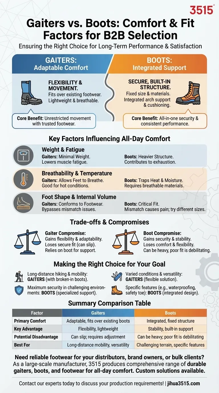 ¿Qué factores se deben considerar para la comodidad y el ajuste al elegir entre polainas y botas? Equilibrio entre comodidad adaptable y soporte integrado Guía Visual