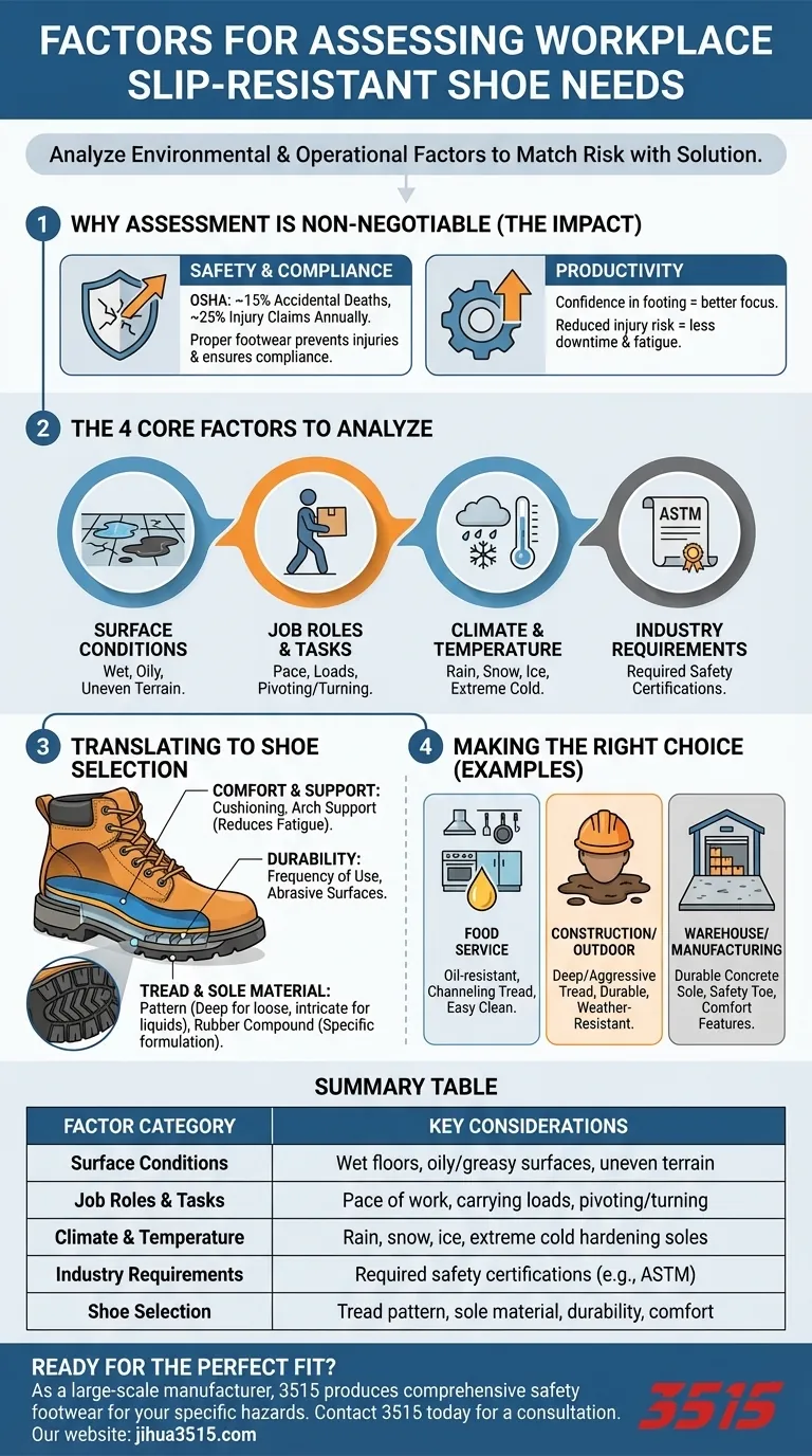 Quels facteurs doivent être pris en compte lors de l'évaluation de l'environnement de travail pour les besoins en chaussures antidérapantes ? Guide Visuel