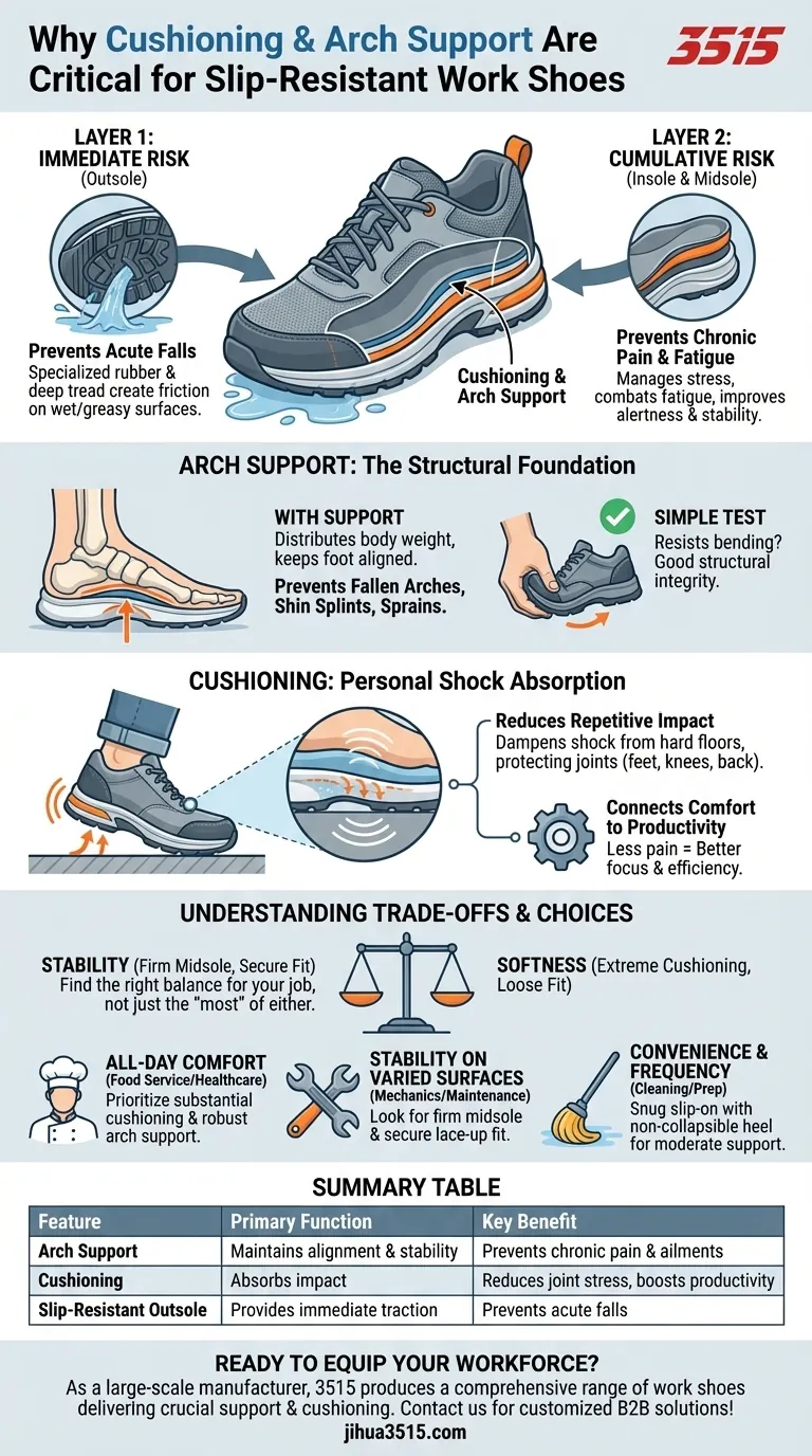 ¿Por qué son importantes la amortiguación y el soporte del arco en los zapatos de trabajo antideslizantes? Prevenir el dolor crónico y la fatiga Guía Visual