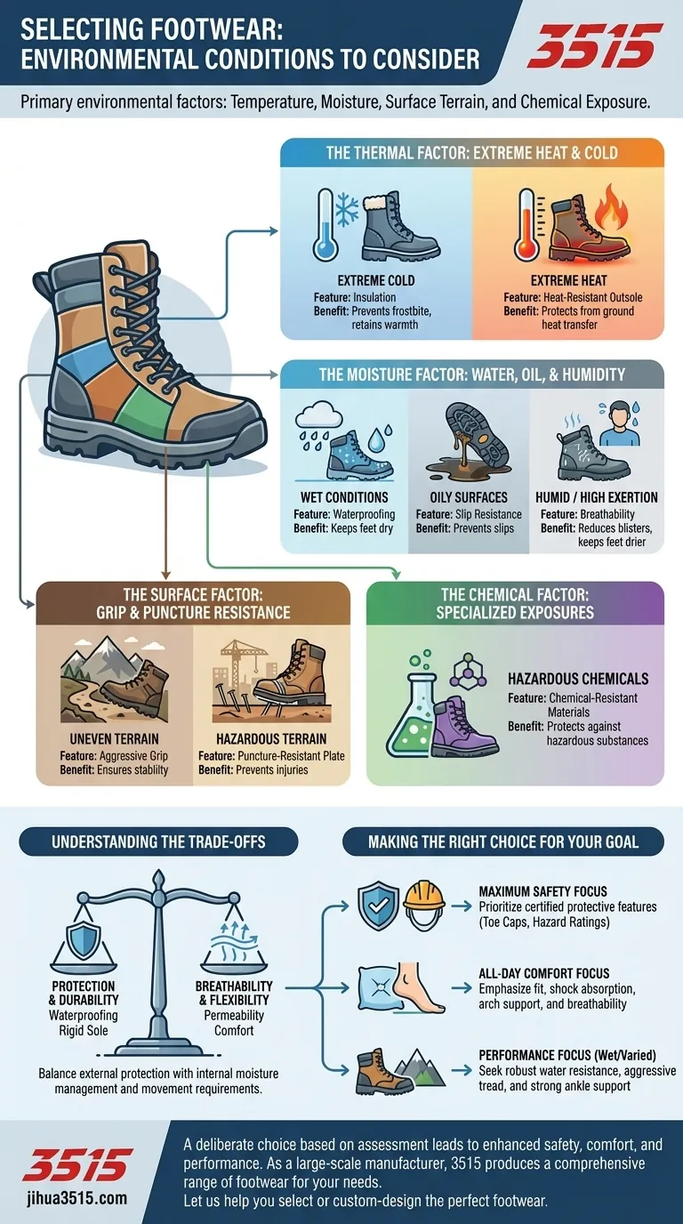¿Qué condiciones ambientales se deben considerar al seleccionar calzado? Garantice seguridad y comodidad en cualquier lugar de trabajo Guía Visual
