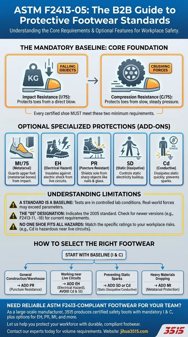 ما هي المتطلبات الأساسية لمعيار ASTM F2413-05؟ حماية إلزامية ضد الصدمات والضغط دليل مرئي
