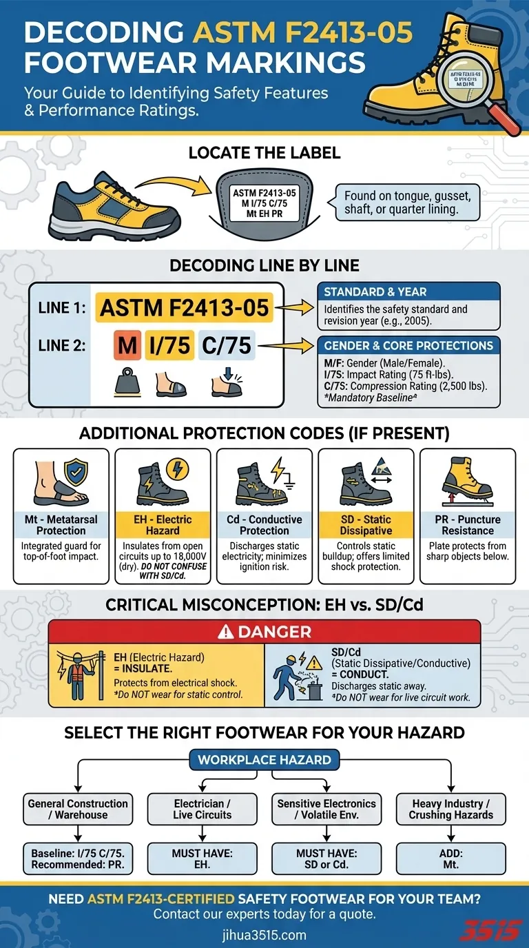 Come vengono contrassegnate le calzature ASTM F2413-05? Decodifica l'etichetta di sicurezza per la tua protezione Guida Visiva