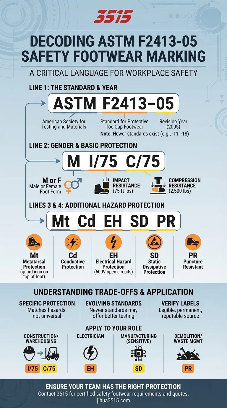 Cosa rappresentano le lettere e i numeri nella marcatura ASTM F2413-05? Decodifica l'etichetta delle tue scarpe antinfortunistiche Guida Visiva