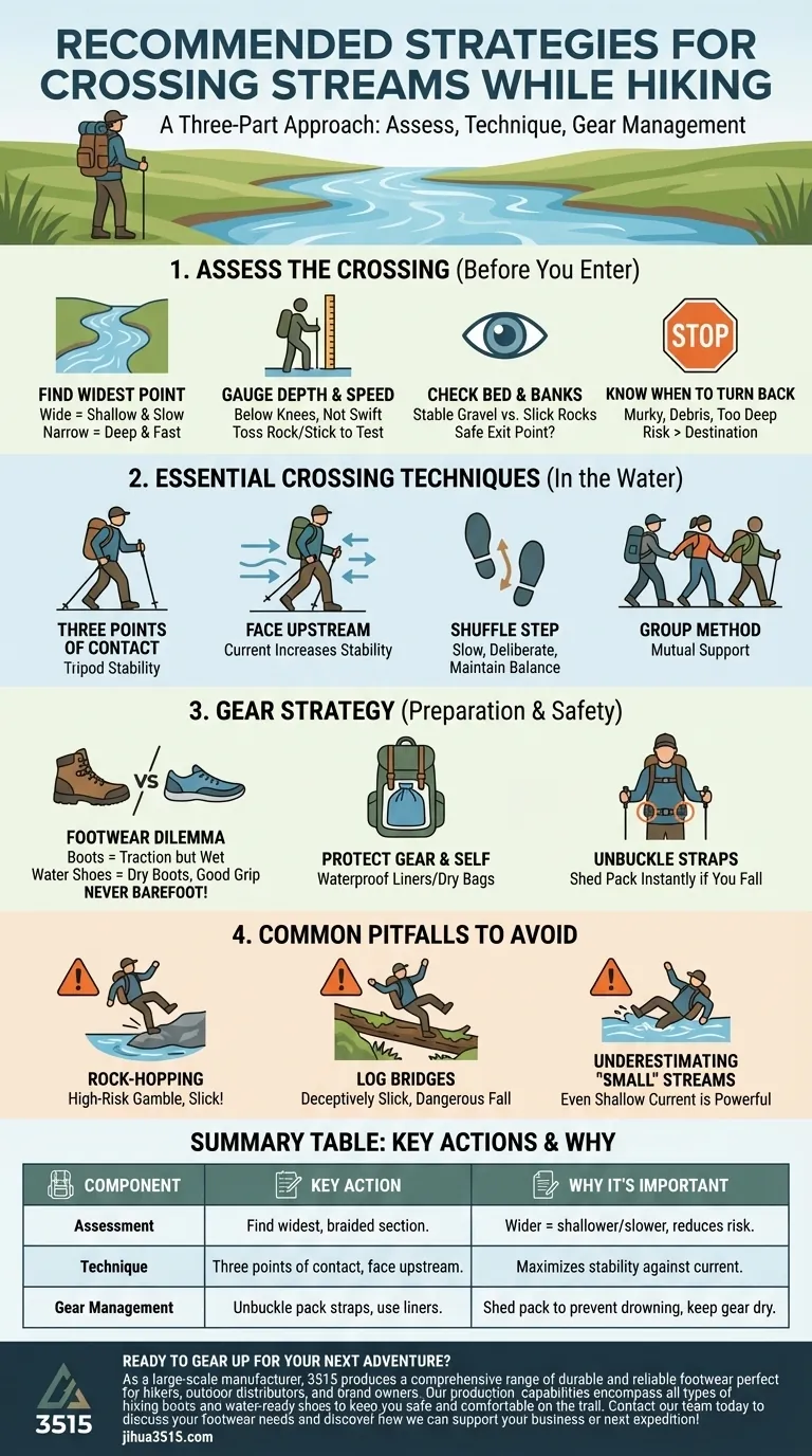 Quali sono alcune strategie consigliate per attraversare i torrenti durante le escursioni? Padroneggia gli attraversamenti d'acqua sicuri con un sistema in 3 passaggi Guida Visiva