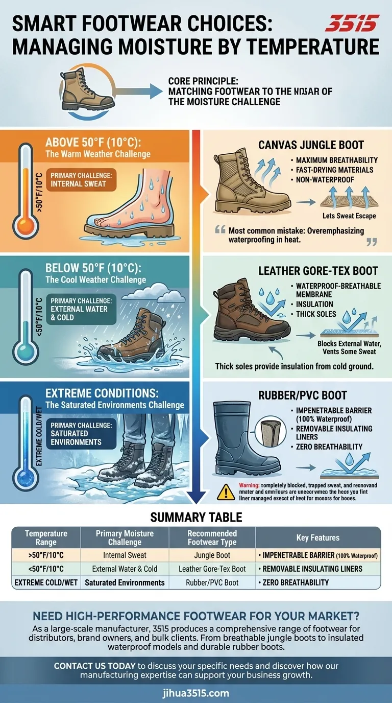 Quels types de chaussures sont suggérés pour différentes plages de températures ? Adaptez vos bottes au défi de l'humidité Guide Visuel