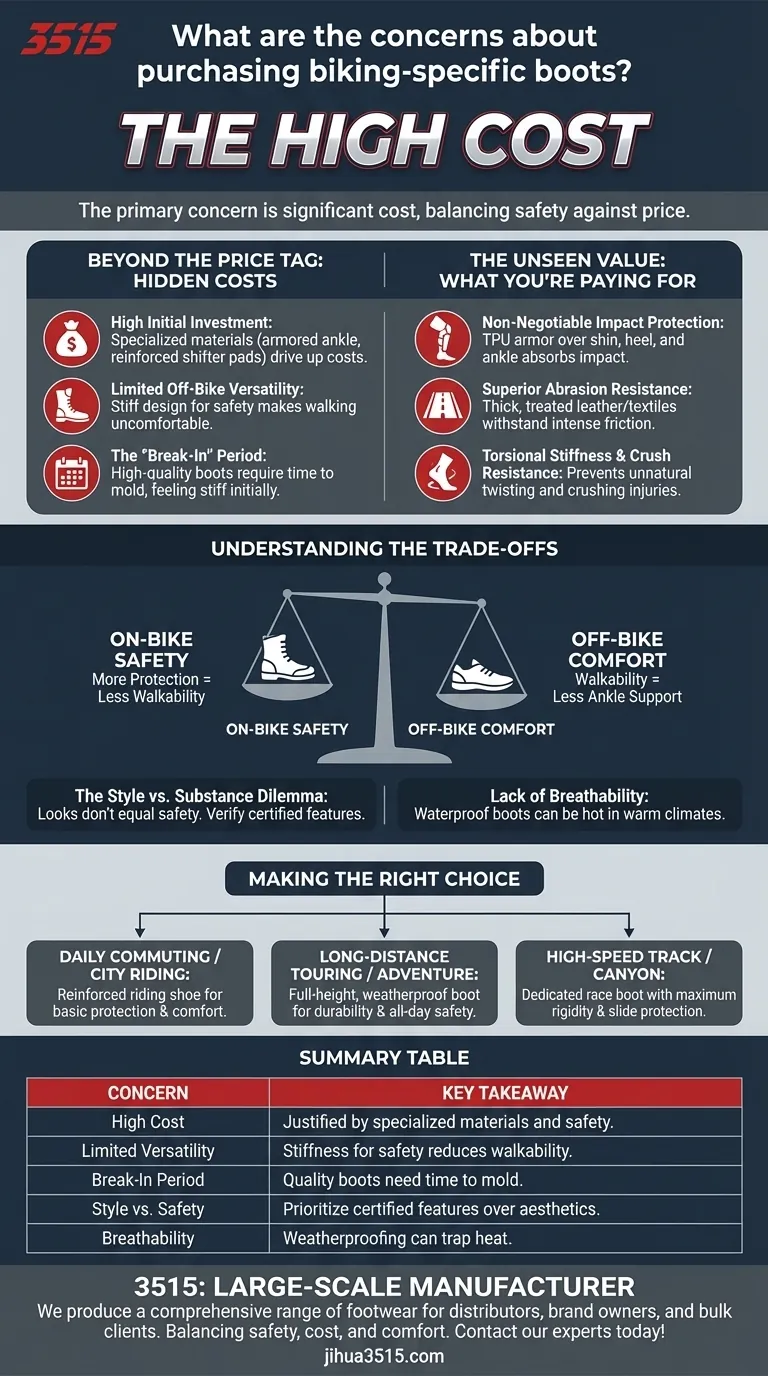 Quelles sont les préoccupations concernant l'achat de bottes spécifiques au vélo ? Équilibrer coût, sécurité et polyvalence Guide Visuel
