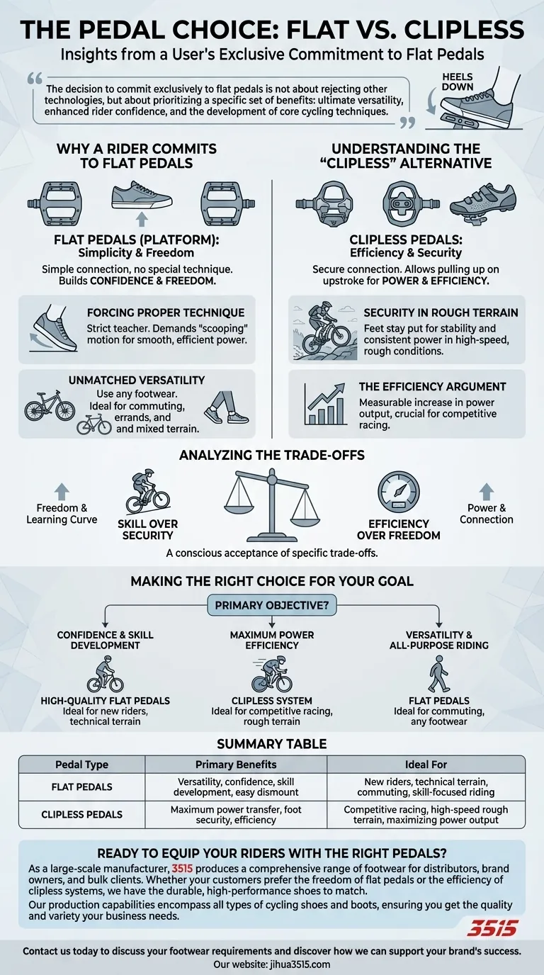 Quel type de pédales l'utilisateur utilise-t-il et a-t-il l'intention de changer ? Guide des pédales plates Guide Visuel