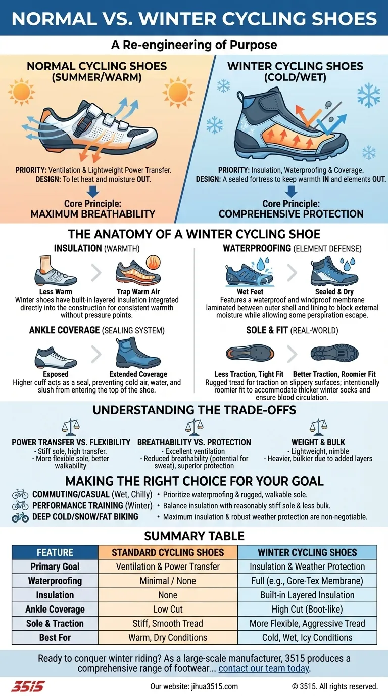 Quelles sont les principales différences entre les chaussures de cyclisme normales et d'hiver ? Votre guide essentiel pour le cyclisme par temps froid Guide Visuel