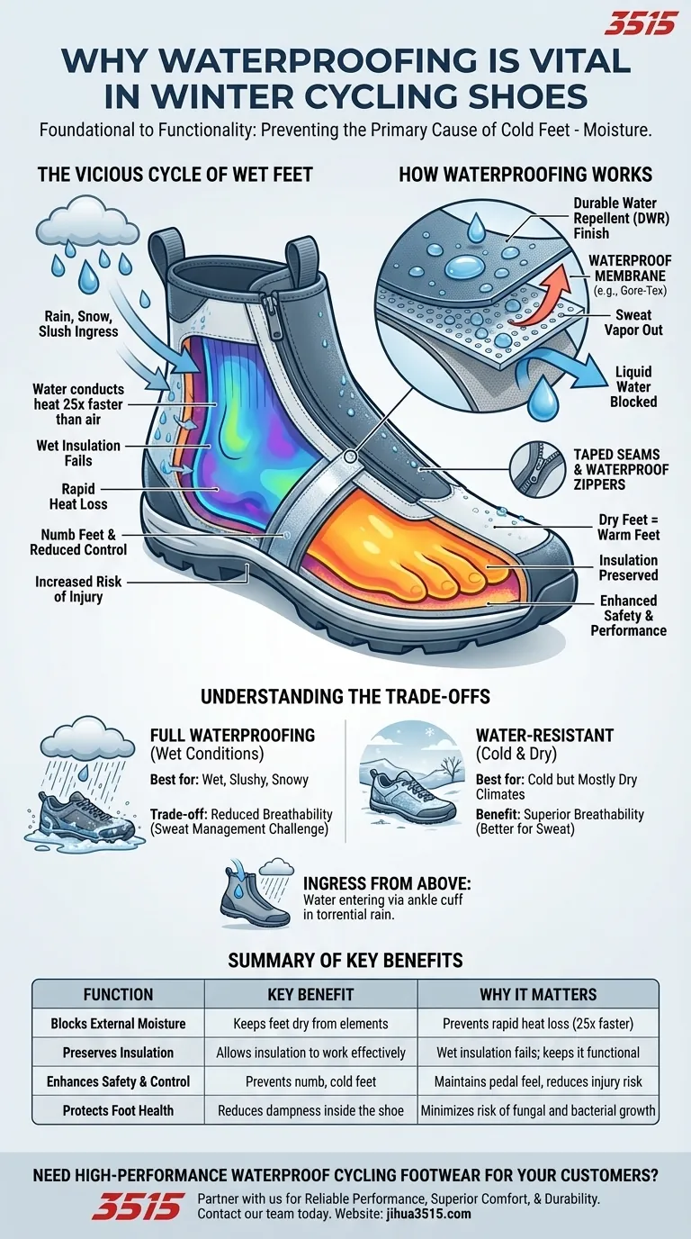 冬用サイクリングシューズの防水加工はなぜ重要なのでしょうか？足をドライで暖かく保ちましょう。 ビジュアルガイド