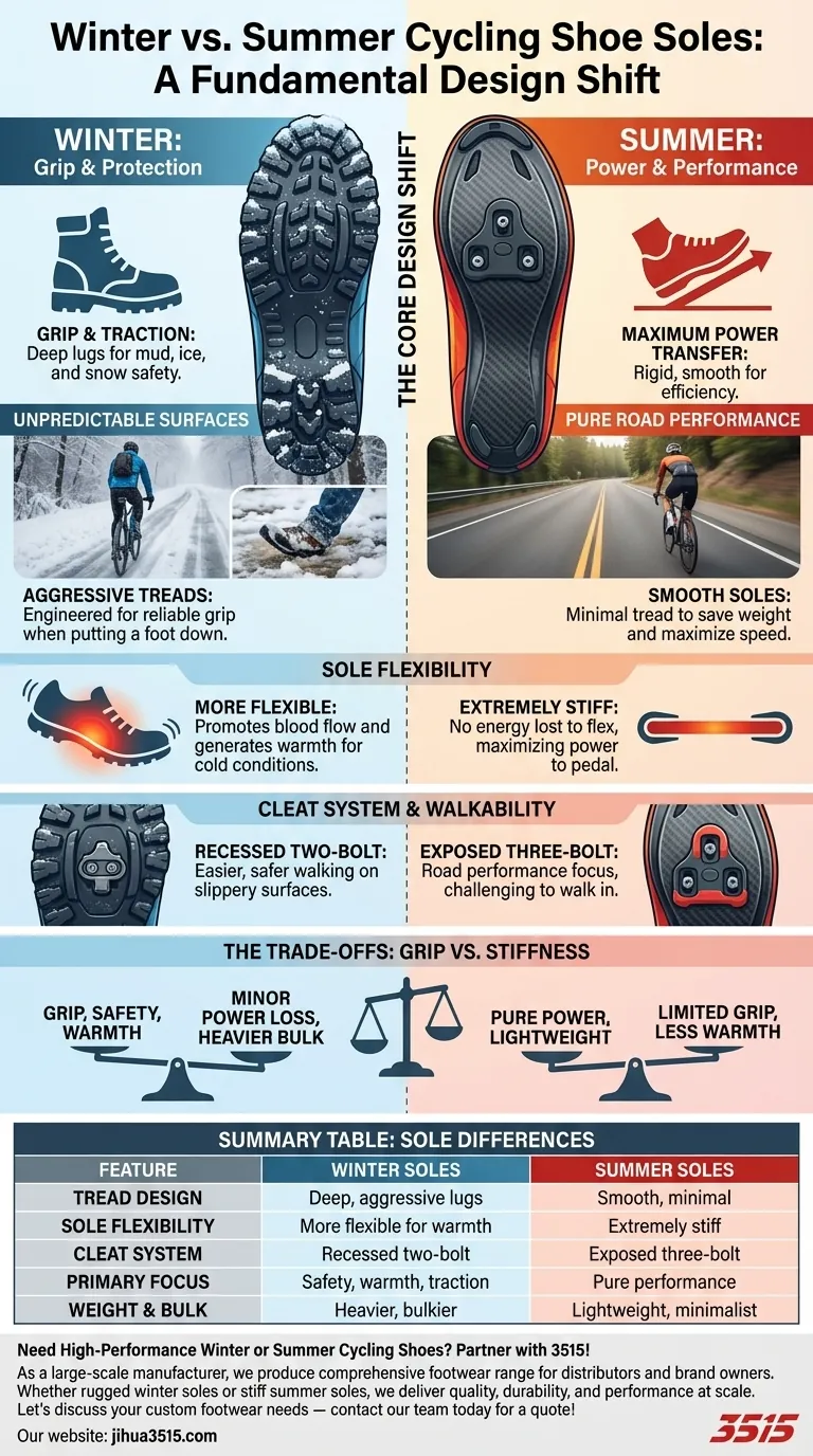 Comment la conception de la semelle des chaussures de cyclisme d'hiver diffère-t-elle de celle des chaussures d'été ? Adhérence, flexibilité et chaleur expliquées Guide Visuel